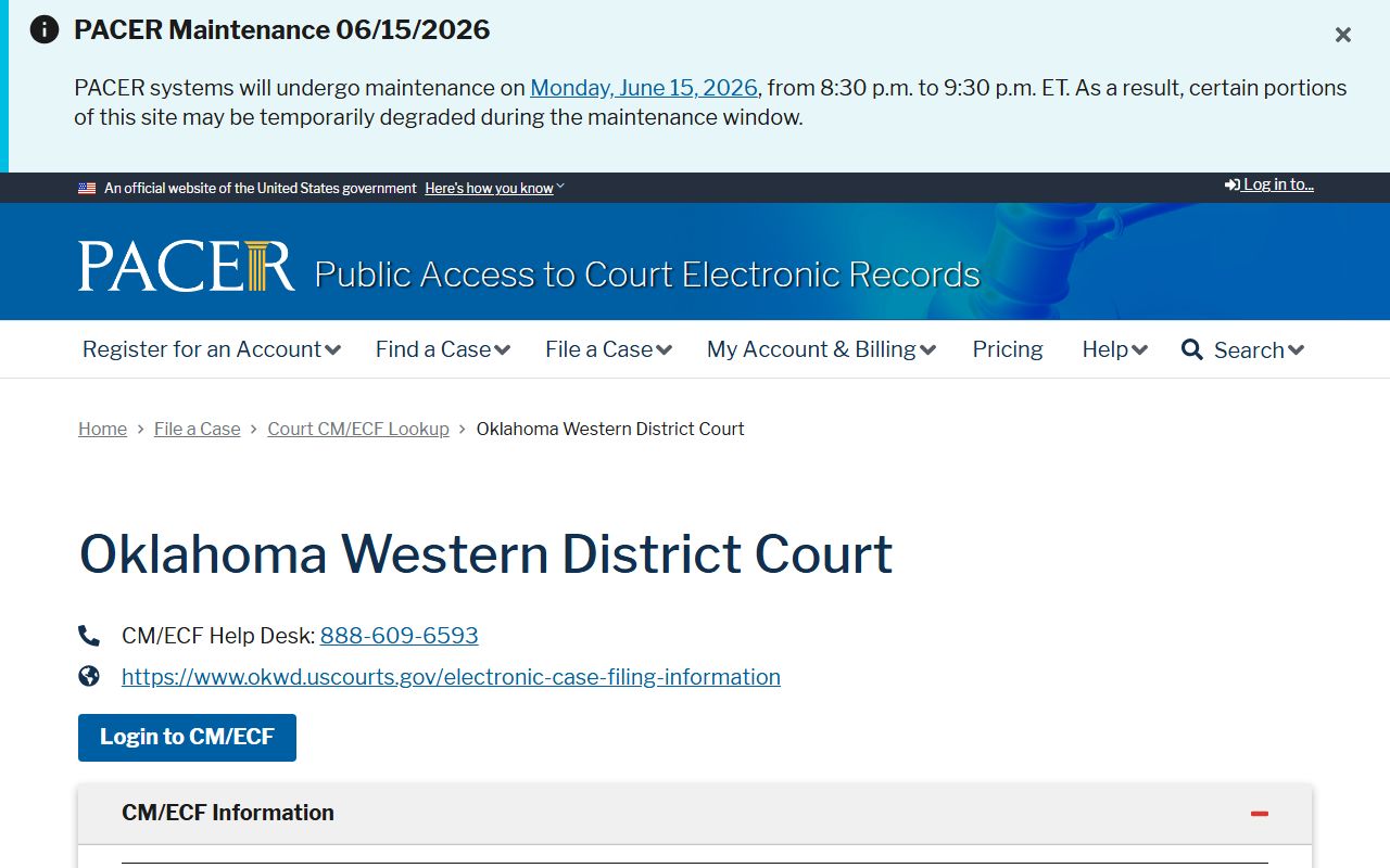 PACER court lookup for Western District of Oklahoma federal district court records covering Roger Mills County