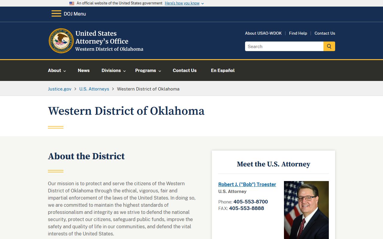 U.S. Attorney for the Western District of Oklahoma prosecuting Roger Mills County federal court cases