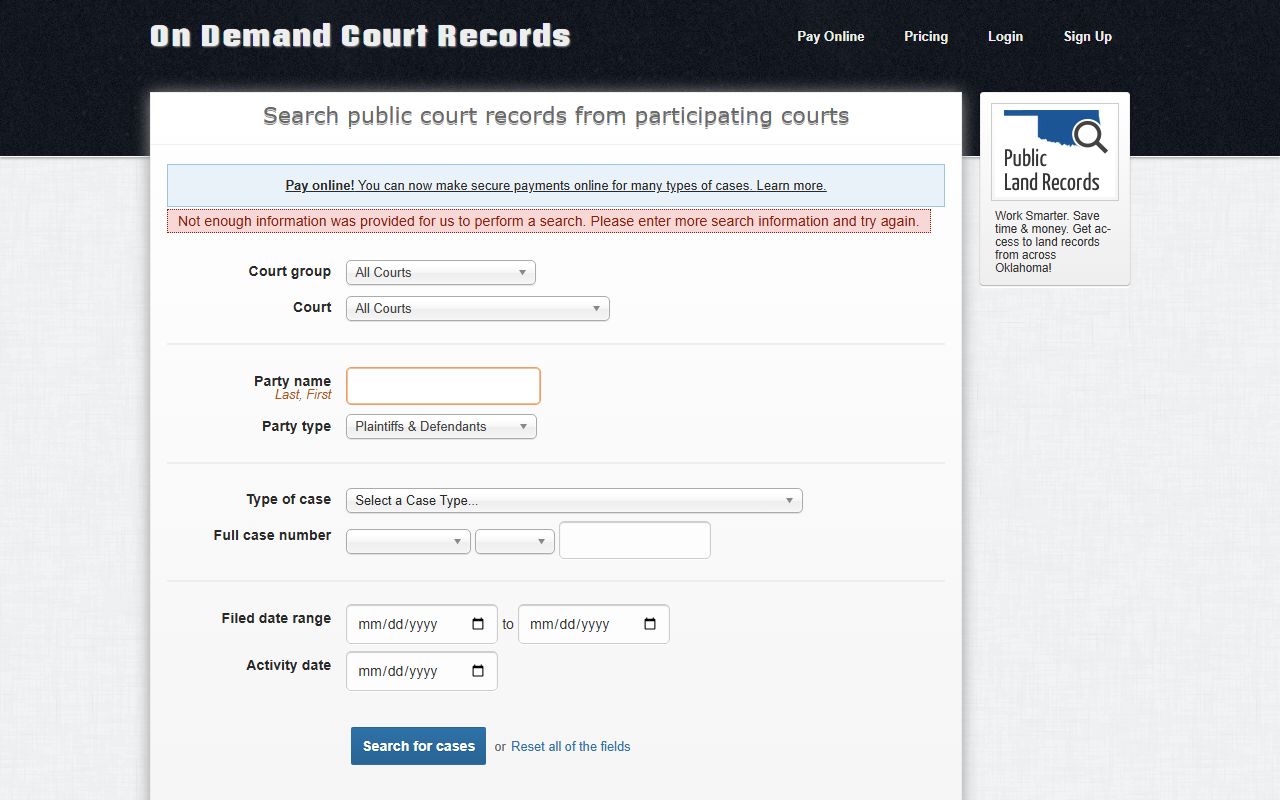 Roger Mills County court records search fields on the ODCR public form