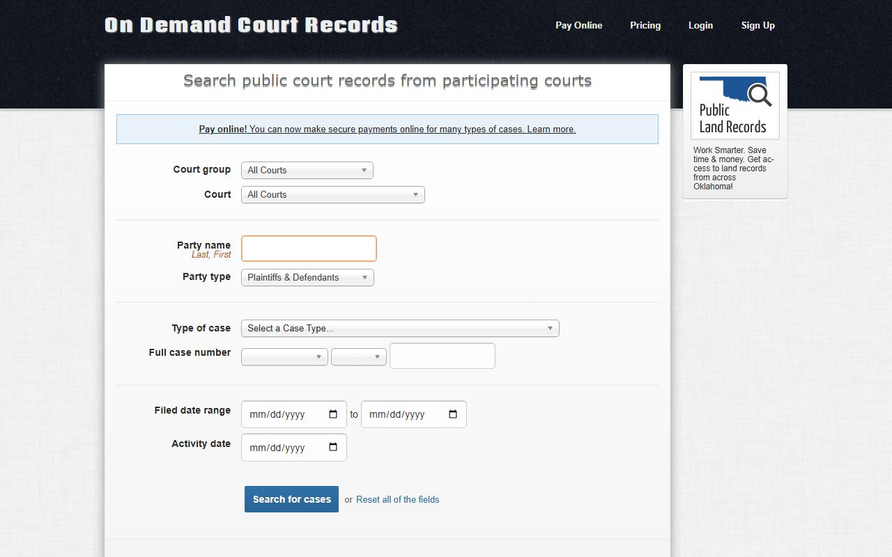 Roger Mills County court records access through the ODCR public search landing page