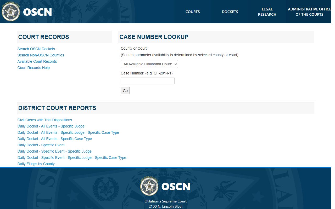 Roger Mills County court records docket interface and report links on OSCN