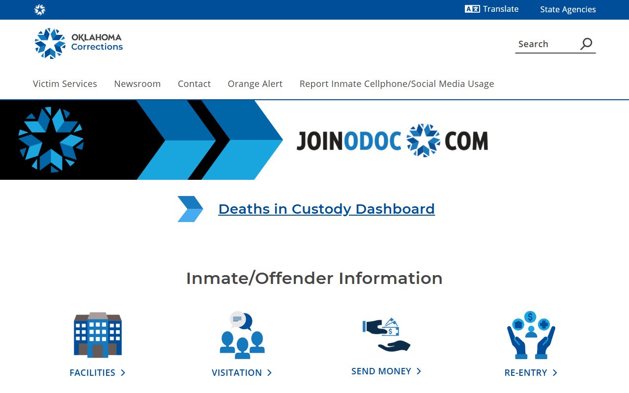 Oklahoma DOC homepage with offender lookup links for Roger Mills County inmate records