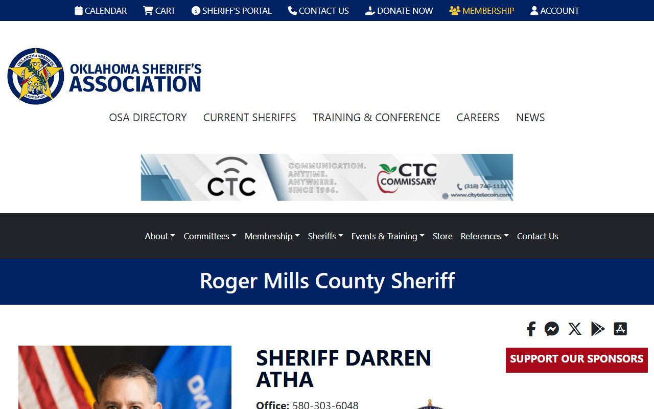 Oklahoma Sheriffs' Association page for the Roger Mills County inmate and jail contacts