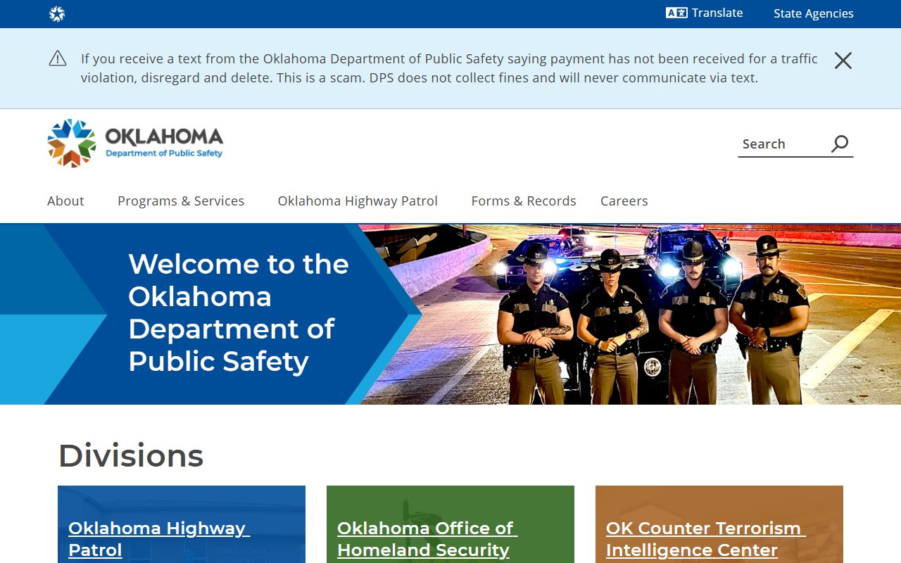 Roger Mills County traffic fine scam-text warning on the Oklahoma DPS page