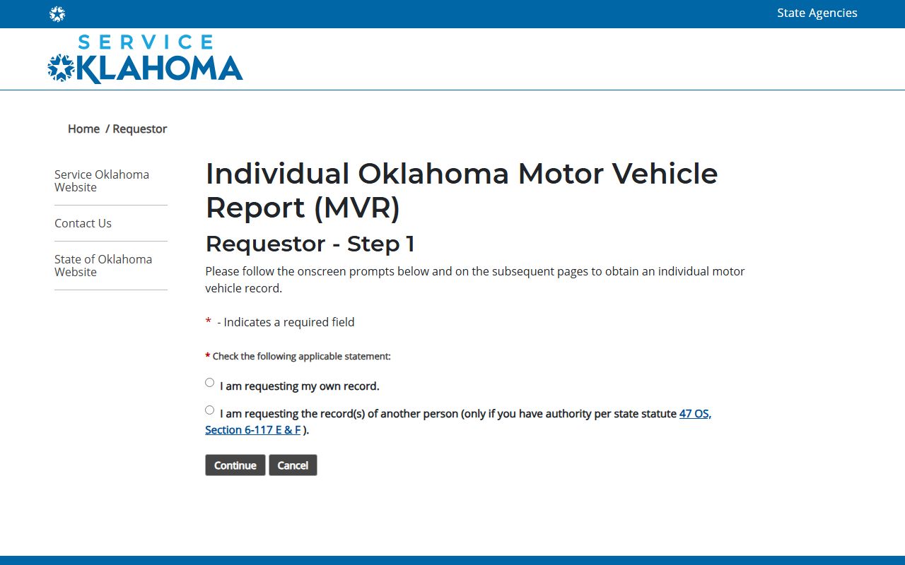 Roger Mills County traffic and state driver record request on the Service Oklahoma MVR page